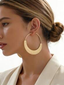1 par de nuevos pendientes de aro con textura martillada geométrica minimalista para mujeres, elegantes y de moda para uso diario, fiestas y reuniones - Amarillo Oro - Ver 4