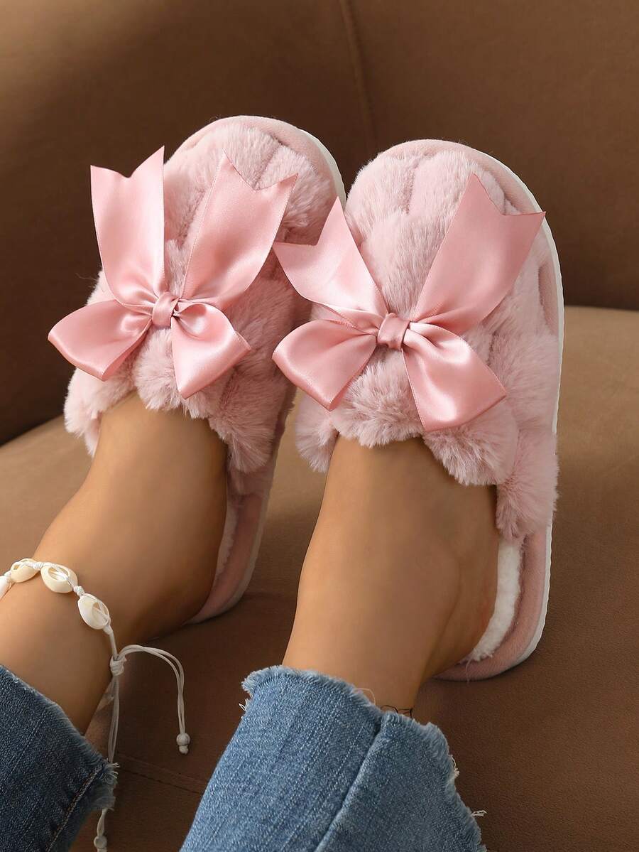 秋冬季女士蝴蝶结闭趾拖鞋，轻盈蓬松室内/室外休闲拖鞋，少女风卧室拖鞋