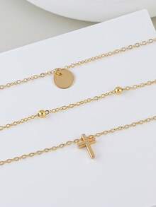 精致金色多层项链，女士款 - 十字架吊坠、圆盘吊坠、串珠链 | 日常简约时尚首饰（串珠数量随机） - 金黃色 - 查看 3