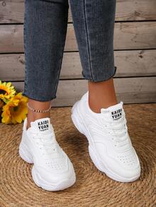 Women's White British Style Lace-Up Sneakers, Round Toe Low-Top Thick Sole Slip-Resistant Casual Shoes, Fashion Breathable Chunky Sneakers For Students - White - View 5