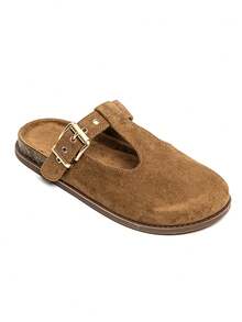 Sabots Ouverts en Suédine y Bride Ajustable y Boucle Dorée - Camel - Ver 1