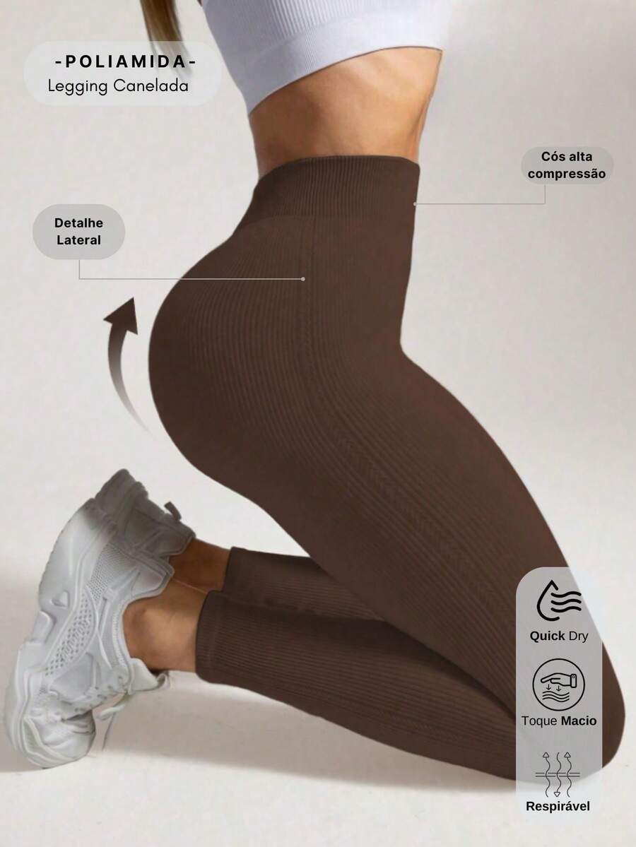 Ribbed Leggings In High Compression Polyamide With Side Detail - Rust Brown - View 1