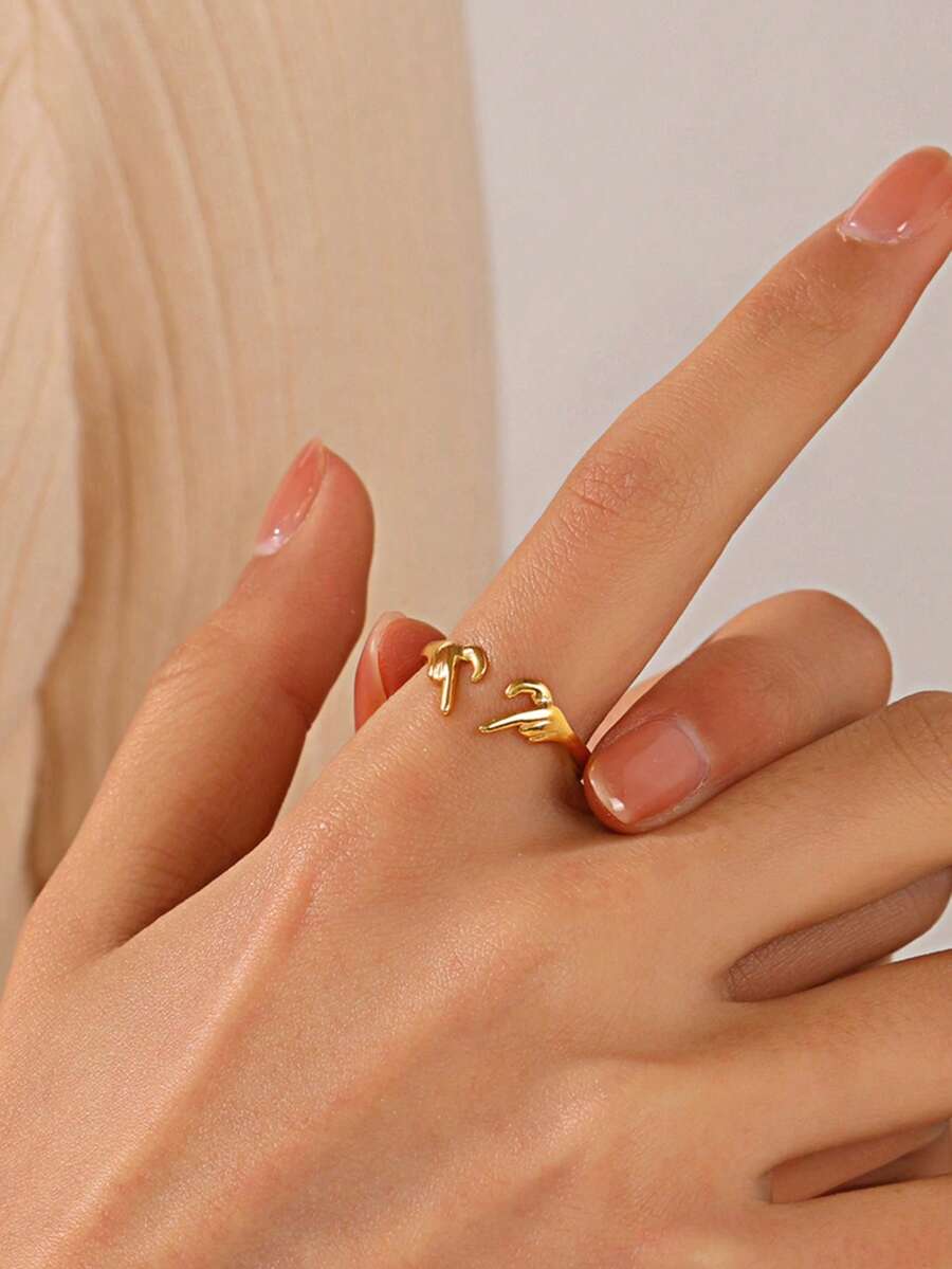 1pc 18K Gold Plated Stainless Steel Fashion Heart-Shaped Open Ring, Suitable For Women's Daily And Date Wear - Gold - View 1