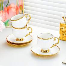 18 Pcs Ceramic Coffee Cup And Saucer Set (6 Cups, 6 Saucers, 6 Spoons) Tea Cup - White + Gold - View 10