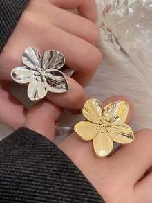 Anillo abierto con flor delicada, anillo con diseño de mariposa de strass y perla falsa, joyería elegante y de moda para mujeres - Anillo de cinco flores - Ver 2