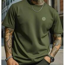 Manfinity Homme Men's Short-Sleeve T-Shirt, Crew Neck, Slim Fit, Solid Color - Army Green - View 1