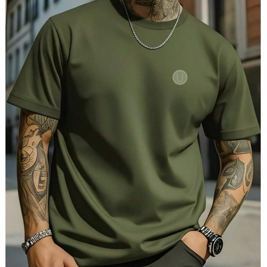 Manfinity Homme Men's Short-Sleeve T-Shirt, Crew Neck, Slim Fit, Solid Color - Army Green - View 1