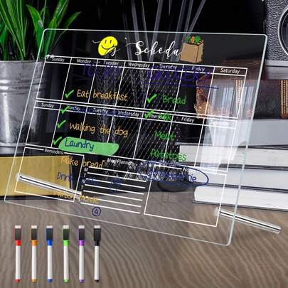 1 Set Weekly & Monthly Planner Dry Erase Board (6 Whiteboard Markers), Magnetic Memo Board, Reusable Writing Board, Creative Home Organizer
