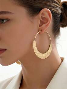 1 par de nuevos pendientes de aro con textura martillada geométrica minimalista para mujeres, elegantes y de moda para uso diario, fiestas y reuniones - Amarillo Oro - Ver 3