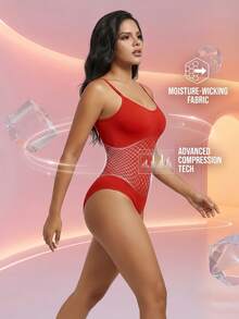 1 pieza Body sin mangas con cuello en V para mujer, control de abdomen y levantamiento de glúteos, alta elasticidad - Rojo - Ver 5