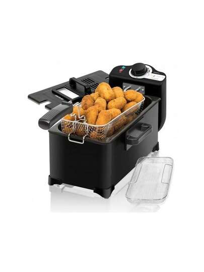  Cecotec Freidora con Olio CleanFry 3L Black - Potenza 2000W per Frittura Croccante e Veloce, Filtro OilCleaner per Olio Pulito, Design Elegante in Acciaio e Nero, Parti Lavabili in Lavastoviglie, Temperatura Regolabile, Protezione Surriscaldamento, Finestra Visione Cottura