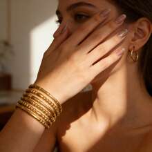 1件装不锈钢可叠戴手链，女士款——精致串珠手镯，波西米亚风饰品，适合日常佩戴和送礼” - 金色 - 查看 3