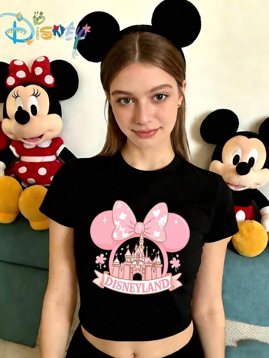 Ladies' Sexy Short-Sleeved Round-Neck Polyester T-Shirt, Printed With Disneyland Pattern - màu đen - Xem 1