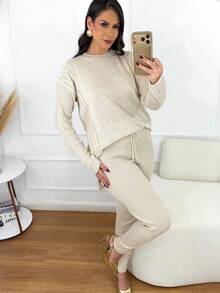 Women's Ribbed Knit Set: Mullet Blouse With Long Sleeves, Sweatshirt Set, Sweater, And Jogger Pants With Drawstring Cuffs - Winter Look - 沙丘 - 查看 3