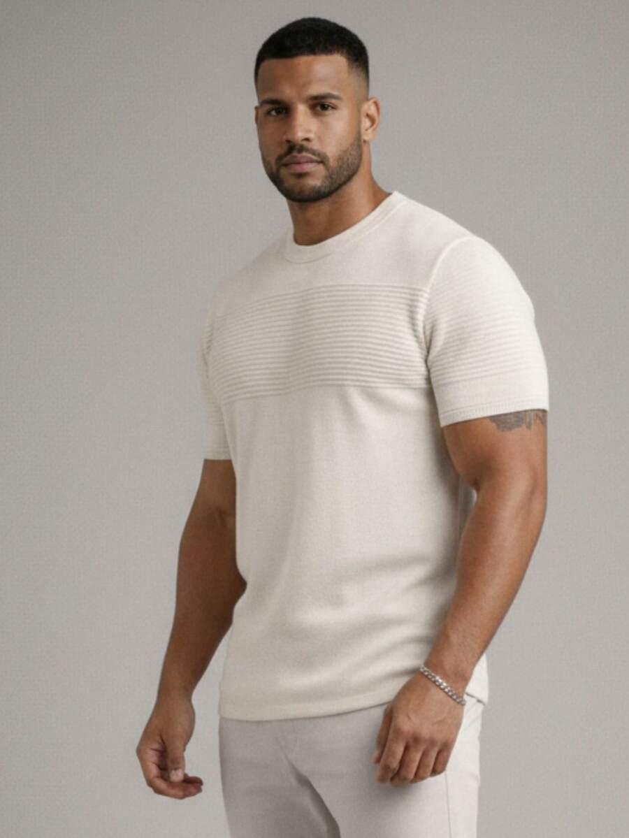 Men's Textured Short-Sleeved Knit T-Shirt With Crew Neck, Summer Chic Premium Style. - White - View 1