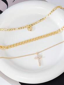 3件套优雅立方氧化锆十字架和心形吊坠多层项链，适合女性日常佩戴、约会、派对等场合。 - 金黃色 - 查看 4