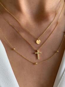 精致金色多层项链，女士款 - 十字架吊坠、圆盘吊坠、串珠链 | 日常简约时尚首饰（串珠数量随机） - 金黃色 - 查看 1