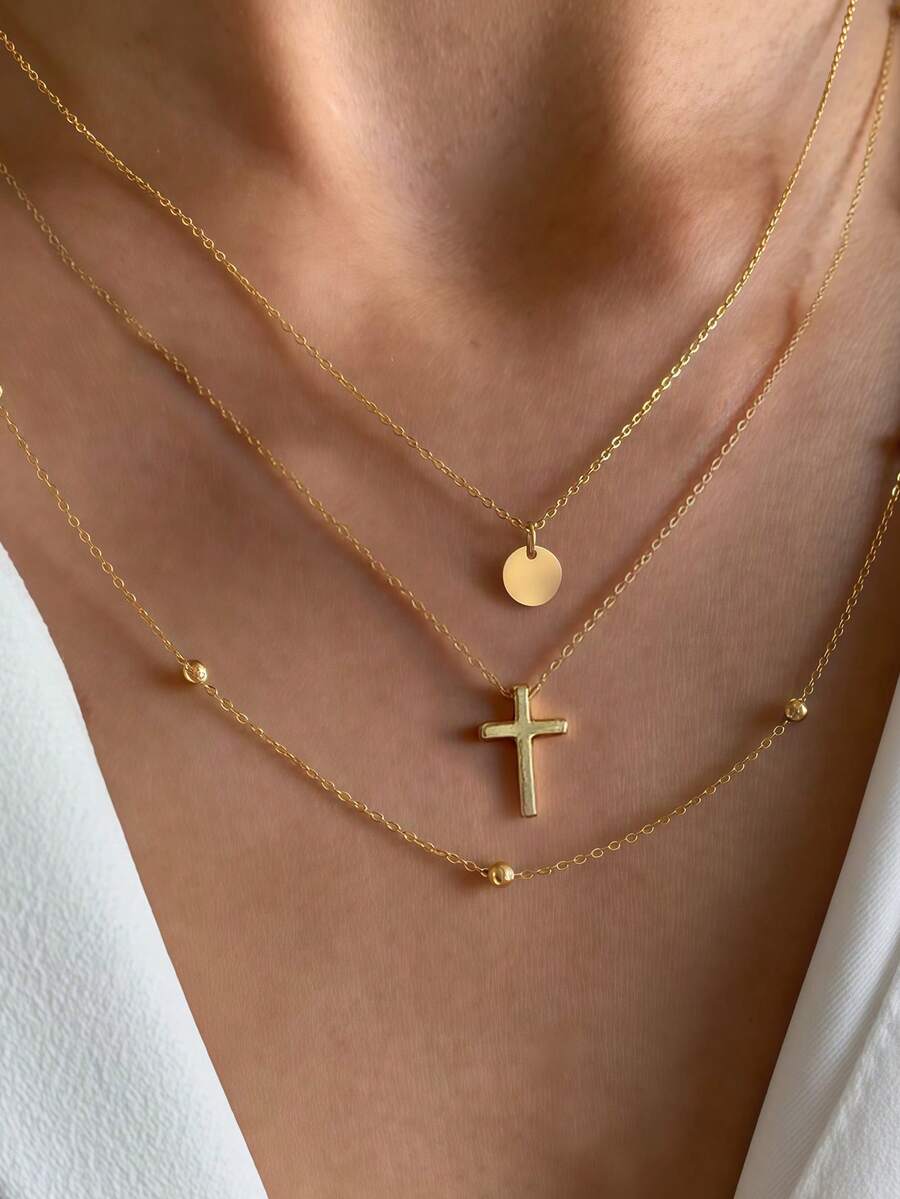 精致金色多层项链，女士款 - 十字架吊坠、圆盘吊坠、串珠链 | 日常简约时尚首饰（串珠数量随机） - 金黃色 - 查看 1