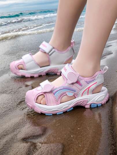 1 Pair Girls' Pink Closed Toe Sports Sandals, Hollow Lightweight EVA Shock-Absorbing Outdoor Beach Sandals For Girls, Suitable For School, Street, Outdoor Wear, Ideal For Labor Day, Children's Day, Easter And Other Holidays
