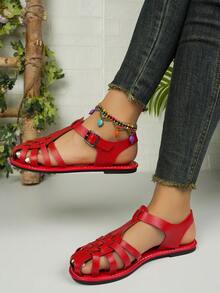 新款编织复古猪笼凉鞋，女士夏季平底时尚百搭 - 紅色 - 查看 12