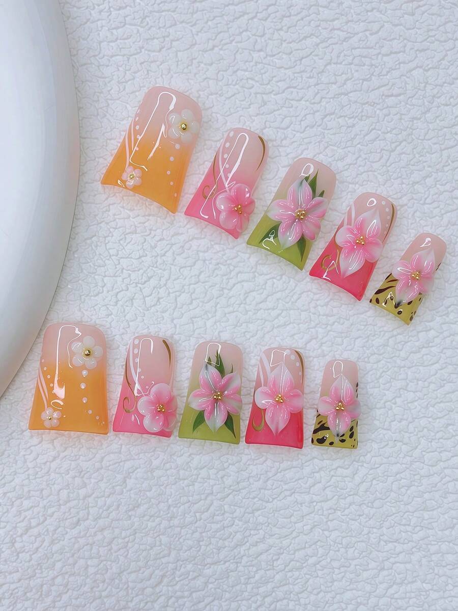 10片装Y2K风鸭嘴美甲贴片套装 - 手工制作，包含黄色美甲贴片、绿色美甲贴片、绿粉渐变法式美甲贴片、手工3D花朵美甲贴片、3D粉色花朵美甲贴片、手绘白色花枝绿叶图案美甲贴片
