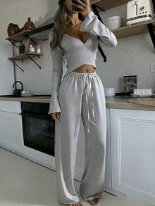 Nina Bonheur 两件套女士V领印花长袖上衣+直筒弹力腰裤睡衣套装 - 灰色 - 查看 5