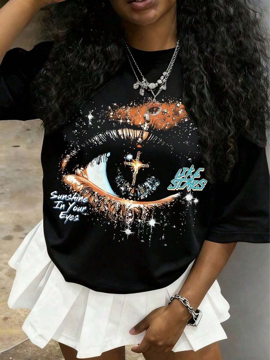 Loose Y2K Stylish Letter Print T Shirt - Casual Round Neck,Short Sleeves,Machine Washable - Suitable For Spring/Summer/Autumn,Fashion Style - 1 - View 1