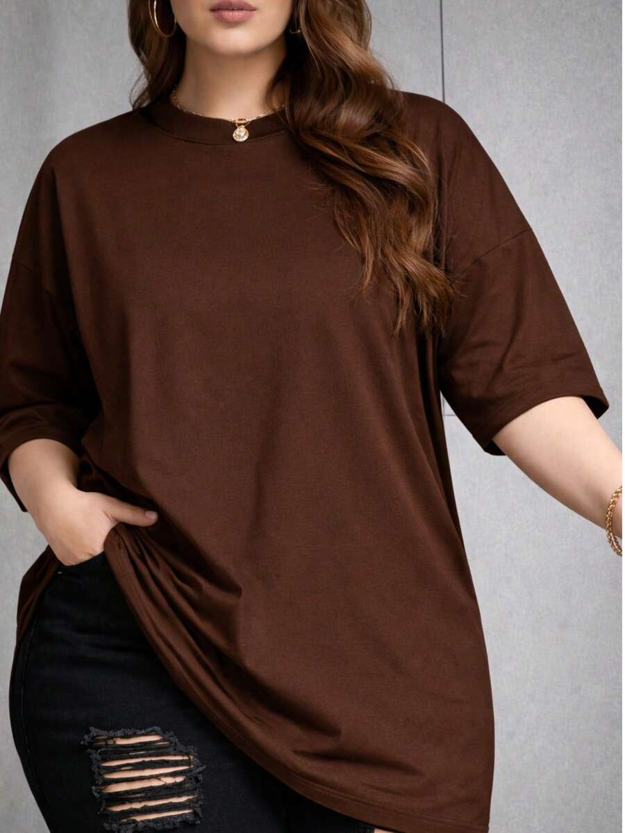 Women's Plus Size Plain Crew Neck T-Shirt,  And Oversized - Rust Brown - View 1