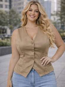 Women's Tailored Plus Size V-Neck Vest - Màu be - Xem 1