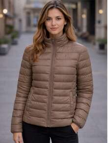 Women's Fleece-Lined Puffer Jacket Without Hood - 鏽棕色 - 查看 1