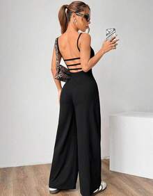 Swisz Women's Long Jumpsuit With Thin Straps And A Low Back - Sophisticated, Casual, And Comfortable - 黑色 - 查看 6