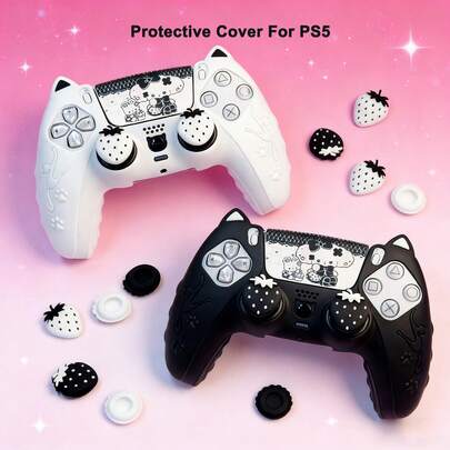 PlayStation5 Controller Set: Includes 1 Silicone Cute Thumb Grip Cap, 1 Controller Protective Case, And 1 Sticker, 5pcs/Set