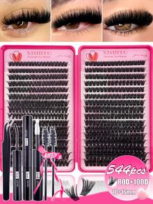 640/544片簇状假睫毛，浓密卷翘睫毛嫁接套装，D型卷翘，8-16毫米混合长度，DIY睫毛嫁接套装，DIY下睫毛嫁接教程，蓬松柔软的单根假睫毛，打造自然蝴蝶妆效，简易DIY持久睫毛胶水，DIY睫毛镊子 - 黑色 - 查看 2