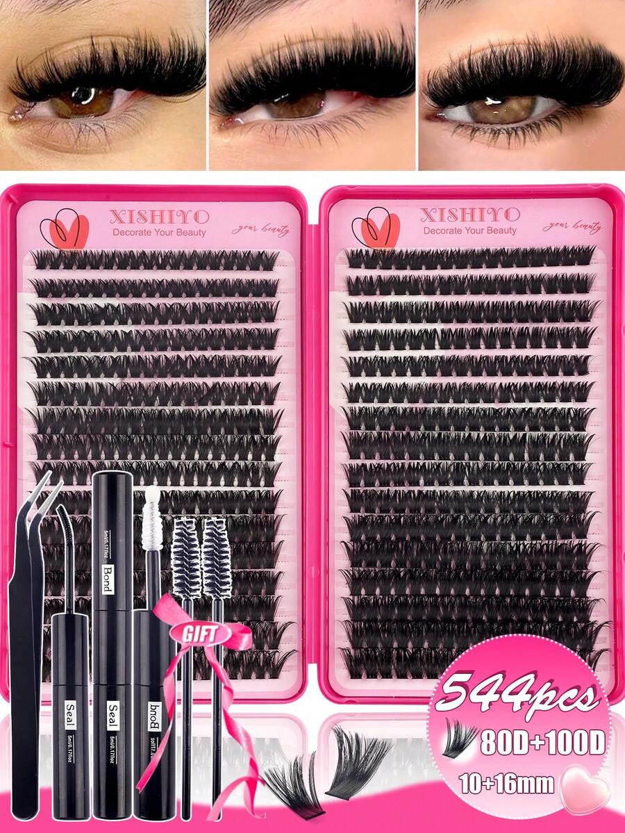 640/544片簇状假睫毛，浓密卷翘睫毛嫁接套装，D型卷翘，8-16毫米混合长度，DIY睫毛嫁接套装，DIY下睫毛嫁接教程，蓬松柔软的单根假睫毛，打造自然蝴蝶妆效，简易DIY持久睫毛胶水，DIY睫毛镊子