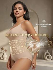 1件装女士无缝无袖V领连体衣，收腹提臀，高弹力 - 杏色 - 查看 4