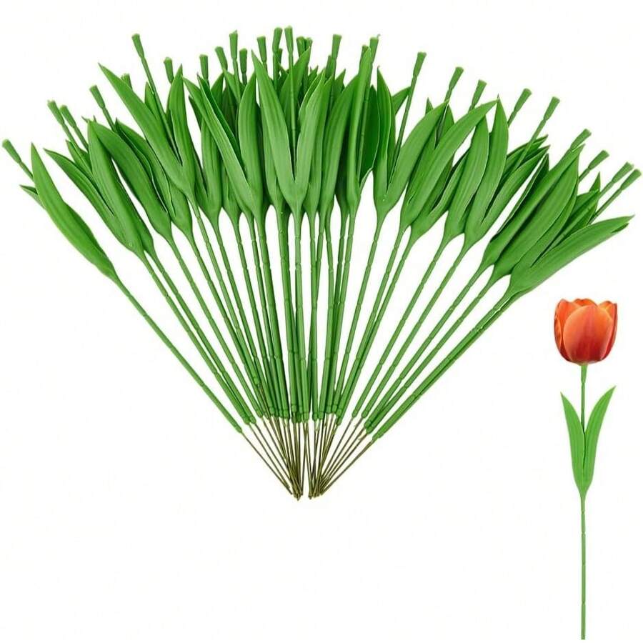 10支带叶人造郁金香花茎，花束用塑料包裹，适合婚礼花束