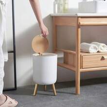 7L White Trash Can With Bamboo Legs And Click-On Lid | Modern For Bathroom And Kitchen - trắng - Xem 10