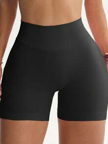 Flawless Y2K-Style Dopamine Shorts, With Super Elastic Fabric For Curve Sculpting, Butt Lifting & Tummy Tucking. 90% Premium Nylon, 10% Flexible Spandex. Fashionable & Ideal For Daily, Sports, Fitness & Yoga.Plus Size High-Waisted Tummy Control Black Shorts - Hidden Scrunch Butt Lift, Tight Fit - Black - View 2