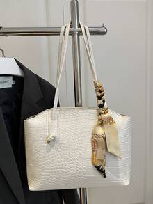 1 Peça Bolsa de Ombro Sólida Estampada Moda Feminina para Transporte, Bolsa de Ombro Versátil Portátil de Grande Capacidade, Adequada para Encontros, Compras, Passeios, Viagens, Acompanhada de Lenço - Branco - Visão 7