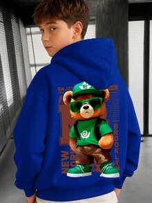 Children's Kangaroo Sweatshirt With Cartoon Bear Print Hooded Cotton Comfortable Child Various Colors And Sizes - Xanh đậm - Xem 2