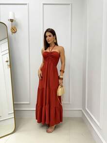 Long Dress With Three Tiers, Elasticated Tie, Strapless, Multi-Way Style, Halter Neck, Boho Style, Gathered Hem With Ruffle, Layered, For Weddings, Parties, Everyday Wear, Elegant. - 亮橙色 - 查看 3