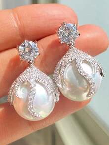 1 Pair Women's Elegant Cubic Zirconia Faux Pearl Dangle Earrings, Suitable For Weddings, Engagements, Parties, Valentine's Day Gift - 1# - View 1