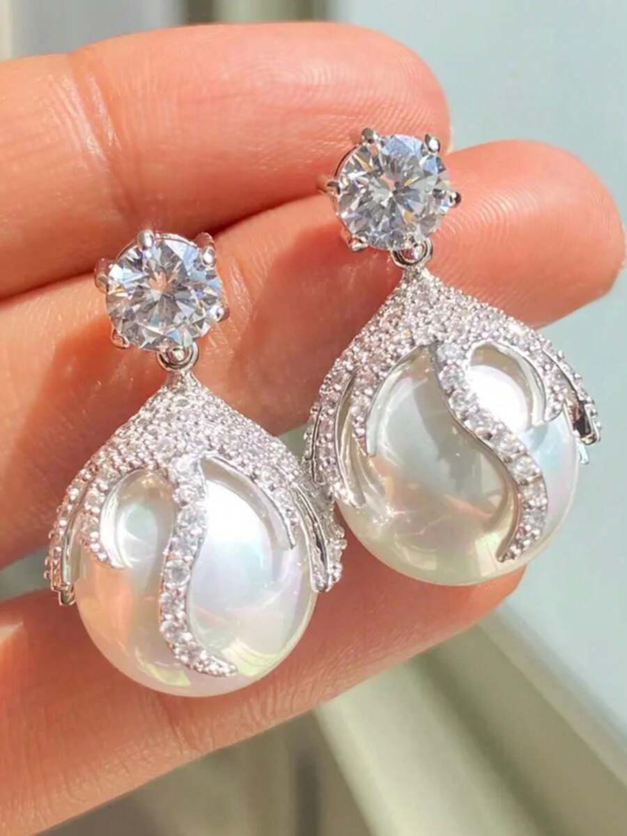 1 Pair Women's Elegant Cubic Zirconia Faux Pearl Dangle Earrings, Suitable For Weddings, Engagements, Parties, Valentine's Day Gift - 1# - View 1