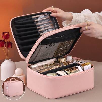 Large Capacity Multi-Layer Cosmetic Organizer - Detachable Faux Leather Design With Brush Slot | Portable Travel Makeup Bag