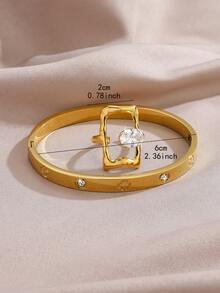 Juego de pulsera de trébol de cuatro hojas de lujo con diamante de imitación + anillo cuadrado con diamante, joyería chapada en oro, uso en capas para el ambiente de viaje y diario, anillo de dedo versátil - Dorado - Ver 4
