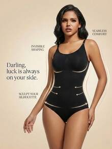 1 pieza Body sin mangas con cuello en V para mujer, control de abdomen y levantamiento de glúteos, alta elasticidad - Negro - Ver 4