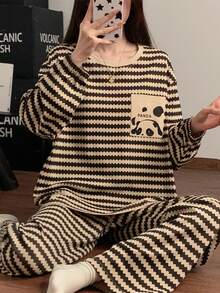 Pure Slumber 2pcs/Set Women Striped Long Sleeve Pajamas, Korean Style Pocket Front Long Pants Homewear, Spring/Summer - Apricot - View 7