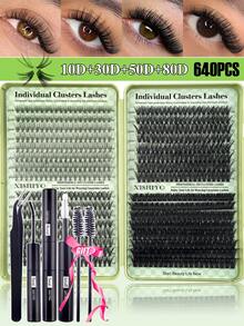640/608/576/384簇假睫毛，超浓密睫毛套装，10-16mm混合密度睫毛工具套装，全新10-16mm猫眼D卷蓬松假睫毛，DIY自然妆容睫毛嫁接套装，超柔软轻盈睫毛嫁接套装，睫毛胶水套装，适合日常使用、婚礼、约会、派对、音乐节、万圣节等场合，簇状睫毛，单根睫毛，专业假睫毛化妆 - 黑色 - 查看 16