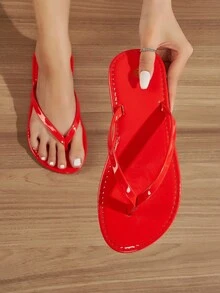 女士优雅舒适休闲人字拖，个性化街头服饰，度假时尚，红色纯色，平底，百搭，适合春夏季、户外、海滩 - 紅色 - 查看 12