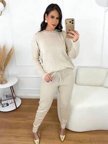 Women's Ribbed Knit Set: Mullet Blouse With Long Sleeves, Sweatshirt Set, Sweater, And Jogger Pants With Drawstring Cuffs - Winter Look - 沙丘 - 查看 1
